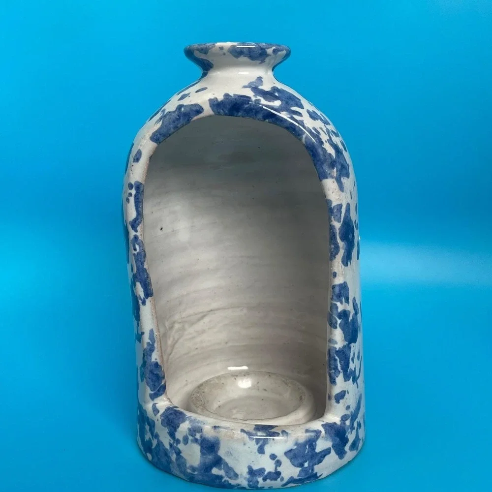 Vintage Spongeware Stoneware Pottery‎ Candle Holder Lantern White Blue Speckled
